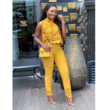 Yellow Fashionable Sleeveless Hollow Top and Pants Two-piece Set