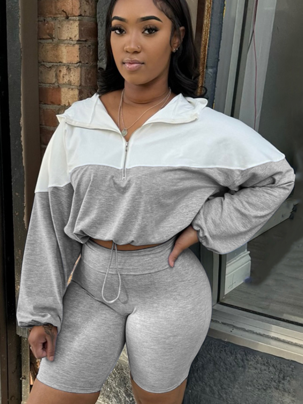 Grey Elastic Waist Contrast Color Long-Sleeved Shorts Sports Casual Two-Piece Suit