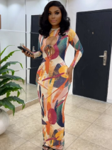 Printed Hollowed-Out Hip-Hugging Elastic Slim-Fit Long-Sleeved Dress