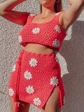 Red Fashionable Casual Crocheted Wool Two-piece Set