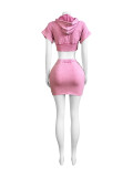 Pink Hooded Washed Distressed Navel-Baring Bat Sleeve Short Skirt Two-Piece Set