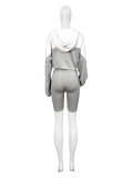 Grey Elastic Waist Contrast Color Long-Sleeved Shorts Sports Casual Two-Piece Suit