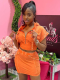 Orange Hooded Washed Distressed Navel-Baring Bat Sleeve Short Skirt Two-Piece Set