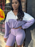 Purple Elastic Waist Contrast Color Long-Sleeved Shorts Sports Casual Two-Piece Suit
