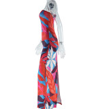 Fashionable Printed Chest-wrapped One-shoulder Slit Dress