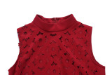 Wine Red Fashionable Sleeveless Hollow Top and Pants Two-piece Set