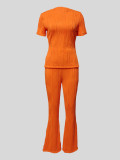 Orange Three-Dimensional Water Wave Pattern Casual High Waist Slightly Flared Two-Piece Suit