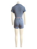 Purple Lapel Deep V Short-Sleeved Ribbed Washed Two-Piece Suit
