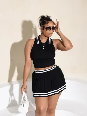 Black Lapel Button-Down Striped Tight Pleated Skirt Two-Piece Set
