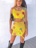 Yellow Fashionable Casual Crocheted Wool Two-piece Set