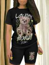 Black Casual Cartoon Print O-Neck Short-Sleeved Two-Piece Suit