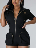 Black Sexy Large Pocket Zipper Overalls