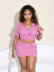 Pink Hooded Washed Distressed Navel-Baring Bat Sleeve Short Skirt Two-Piece Set