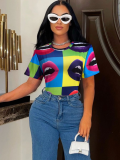 Fashion O-Neck Casual Lip Print Top