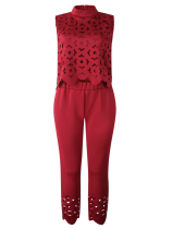 Wine Red Fashionable Sleeveless Hollow Top and Pants Two-piece Set