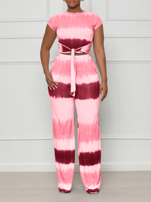 Rose Red Fashion Short-Sleeved Tie Waist Sexy Gradient Women's Two-Piece Suit
