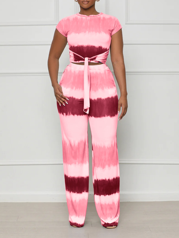 Rose Red Fashion Short-Sleeved Tie Waist Sexy Gradient Women's Two-Piece Suit