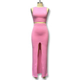 Pink Fashionable Slim-fitting Vest and Slit Skirt Two-piece Set