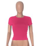 Rose Red Simple All-Match Round Neck Short-Sleeved Navel-Baring Casual T-Shirt