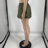 Army Green Elastic Waist Fluffy Shorts