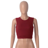 Wine Red Sexy Backless Versatile Round Neck Short Sleeve Navel-Exposed Casual T-Shirt
