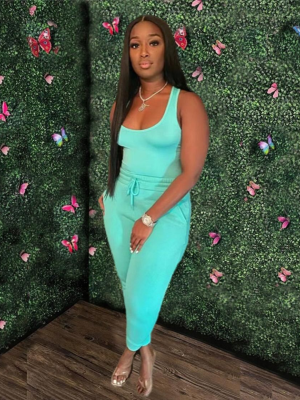 Lake Blue Sexy Vest Drawstring Trousers Casual Two-Piece Set