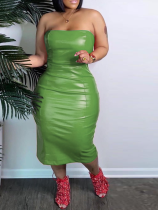 Green Sexy Tube Top PU Hip Dress
