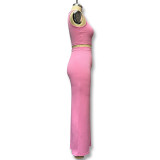 Pink Fashionable Slim-fitting Vest and Slit Skirt Two-piece Set