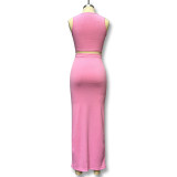 Pink Fashionable Slim-fitting Vest and Slit Skirt Two-piece Set