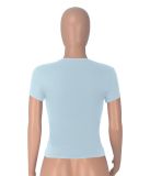 Light Blue Simple All-Match Round Neck Short-Sleeved Navel-Baring Casual T-Shirt