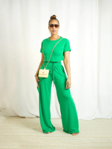 Green Casual Short-Sleeved Top And Loose Wide-Leg Pants Two-Piece Set