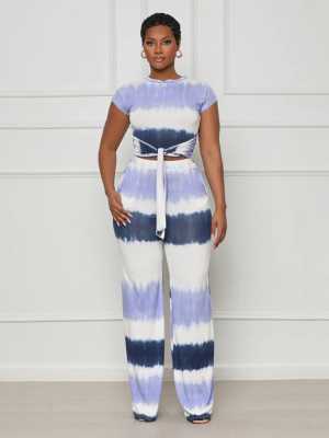 Blue Fashion Short-Sleeved Tie Waist Sexy Gradient Women's Two-Piece Suit