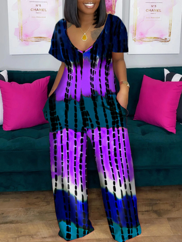 Fashion Tie-Dye Printed Camouflage Stripe Jumpsuit