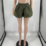 Army Green Elastic Waist Fluffy Shorts