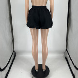 Black Elastic Waist Fluffy Shorts