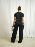 Black Casual Short-Sleeved Top And Loose Wide-Leg Pants Two-Piece Set