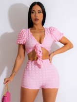 Pink Casual Low-Cut Lace-Up Top And Shorts Two-Piece Set