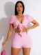 Pink Casual Low-Cut Lace-Up Top And Shorts Two-Piece Set