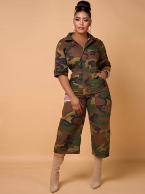 Fashion Camouflage Print Pocket Lapel Jumpsuit