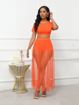 Short-sleeved Waist-revealing T-shirt Beaded See-through Mesh Skirt Three Piece Set
