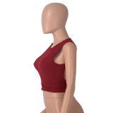 Wine Red Sexy Backless Versatile Round Neck Short Sleeve Navel-Exposed Casual T-Shirt