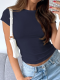 Dark Blue Simple All-Match Round Neck Short-Sleeved Navel-Baring Casual T-Shirt