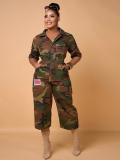 Fashion Camouflage Print Pocket Lapel Jumpsuit