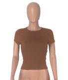 Brown Simple All-Match Round Neck Short-Sleeved Navel-Baring Casual T-Shirt