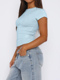Light Blue Simple All-Match Round Neck Short-Sleeved Navel-Baring Casual T-Shirt