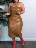 Brown Sexy Tube Top PU Hip Dress