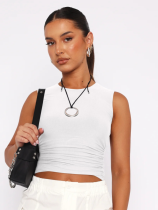 White Sexy Backless Versatile Round Neck Short Sleeve Navel-Exposed Casual T-Shirt