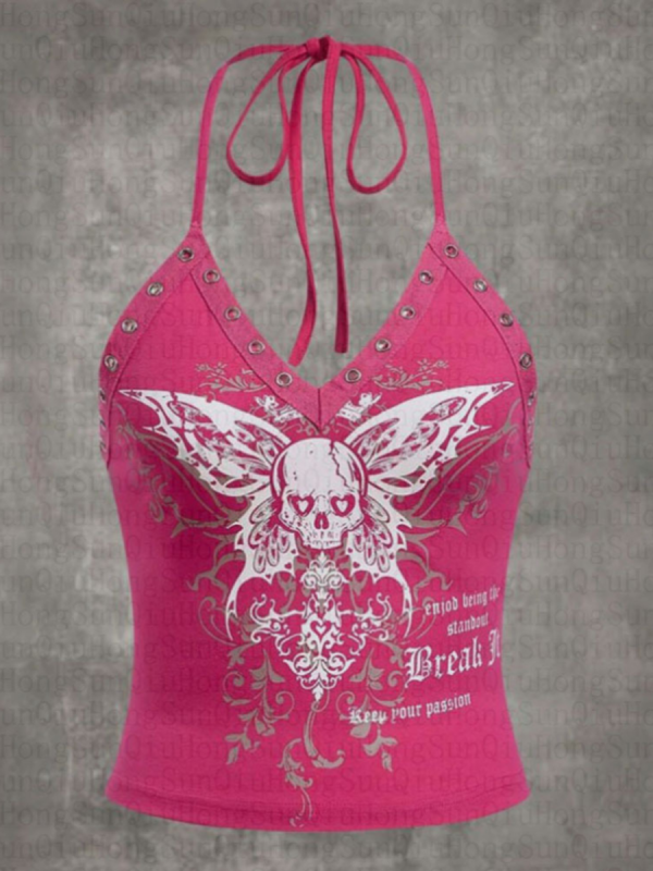 Pink Butterfly Low-Cut V-Neck Slim Fit Sweet Girl Vest