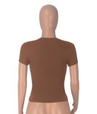 Brown Simple All-Match Round Neck Short-Sleeved Navel-Baring Casual T-Shirt