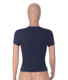 Dark Blue Simple All-Match Round Neck Short-Sleeved Navel-Baring Casual T-Shirt